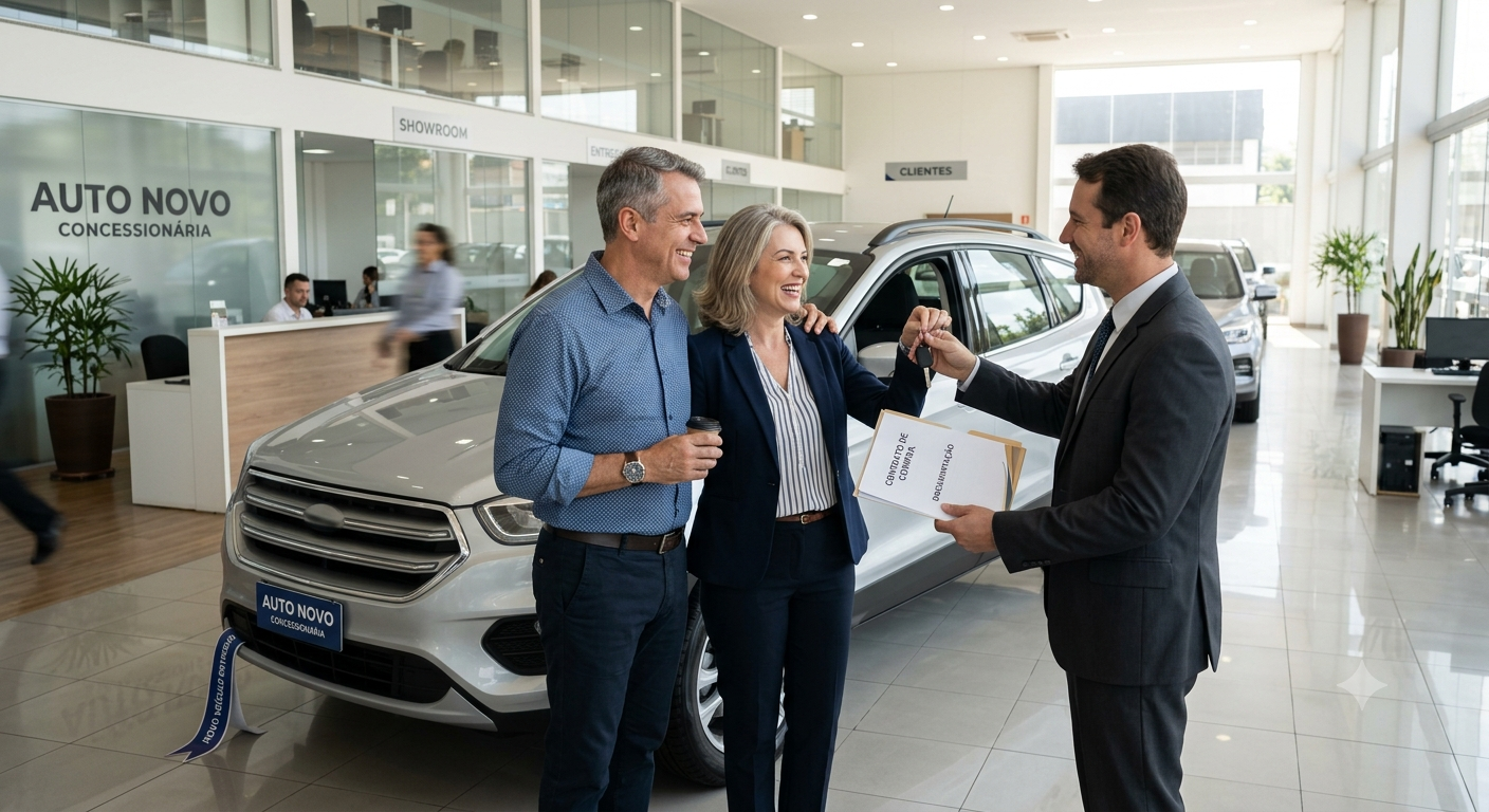 Carros zero quilômetro alinhados no showroom de uma concessionária para simulação de consórcio auto